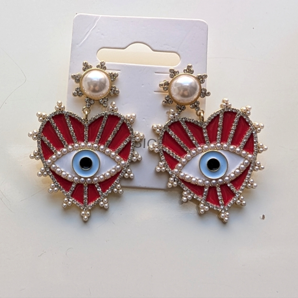 Statement Evil Eye & Heart Drop Earrings – Bold & Glamorous